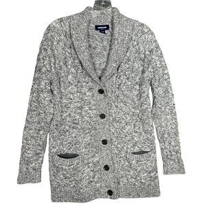 Land End Womens Drifter Cardigan Sweater MED Petite Gray Cable Knit Shawl Collar